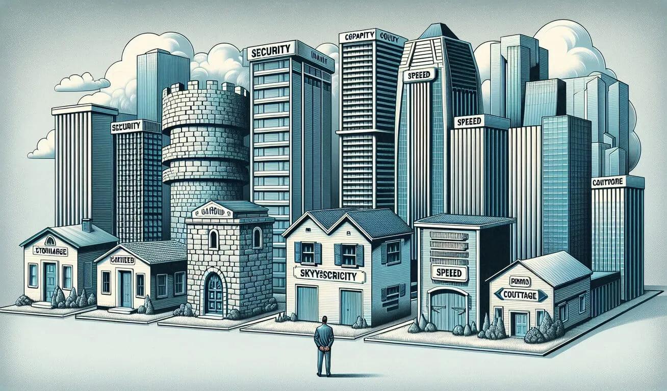 A cityscape composed of various storage buildings and skyscrapers labeled with terms like security, capacity, and speed. A man stands in front, contemplating the different storage options.