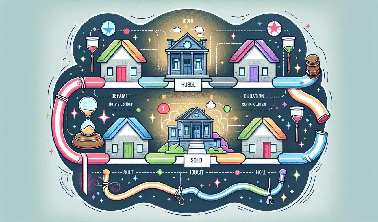 A vibrant, detailed diagram illustrating the process of real estate auction, including colorful houses connected by winding paths, with labels such as 'auction' and 'sold'.