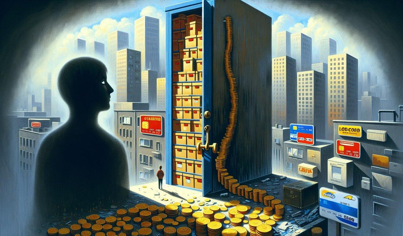 A surreal illustration of a giant storage unit building with a door ajar revealing stacks of boxes inside, in a cityscape setting with coins pouring out onto the street below, and a silhouette of a person's profile in the foreground