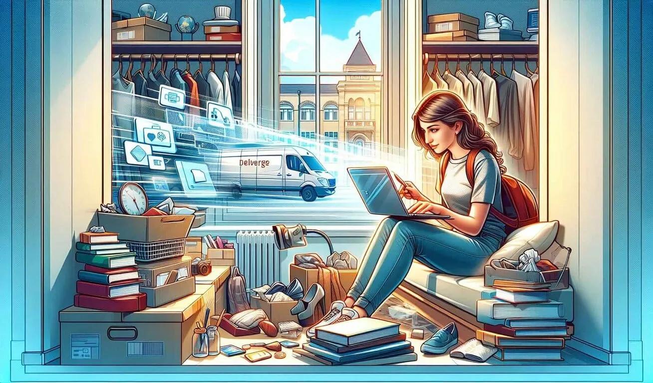 A young woman sitting by the window, surrounded by books and personal items, using a laptop with a delivery van in the background, symbolizing the ease of organizing storage and moving services online.