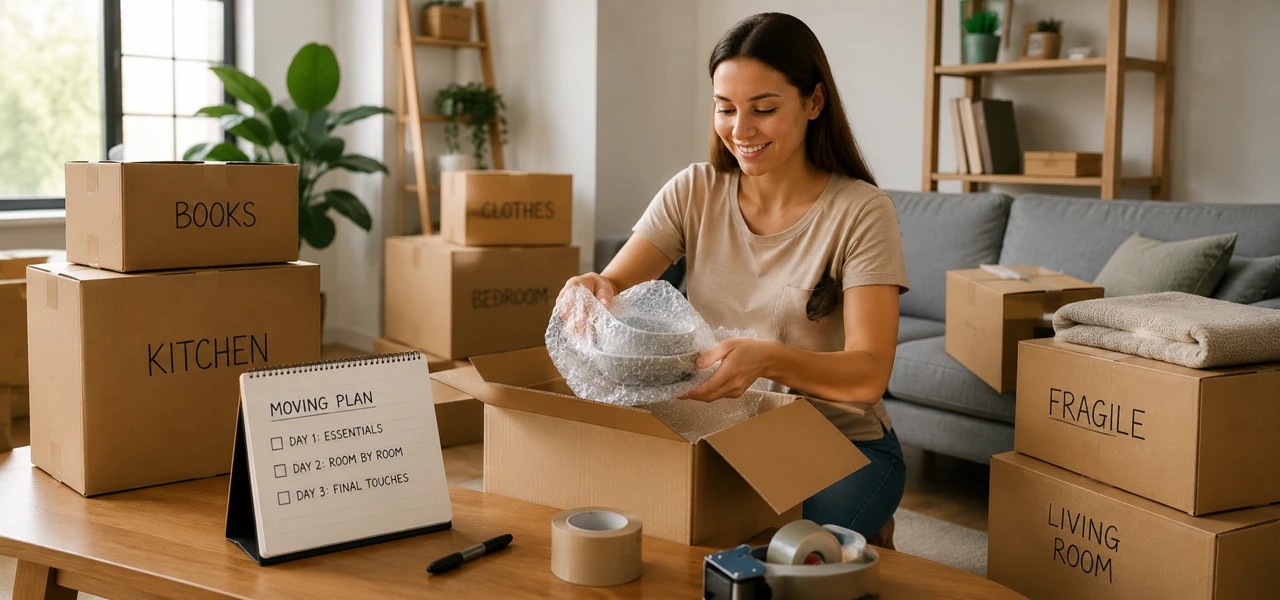 How to Pack for a Move in 3 Days Packed moving boxes, tape, and household supplies prepared for a fast home relocation.
