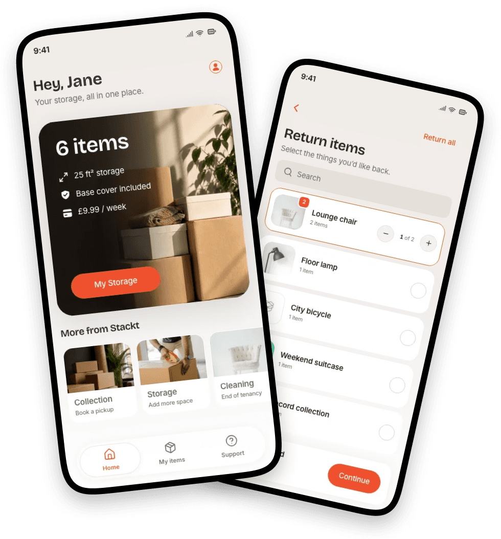 Stackt app — storage overview and item list screens
