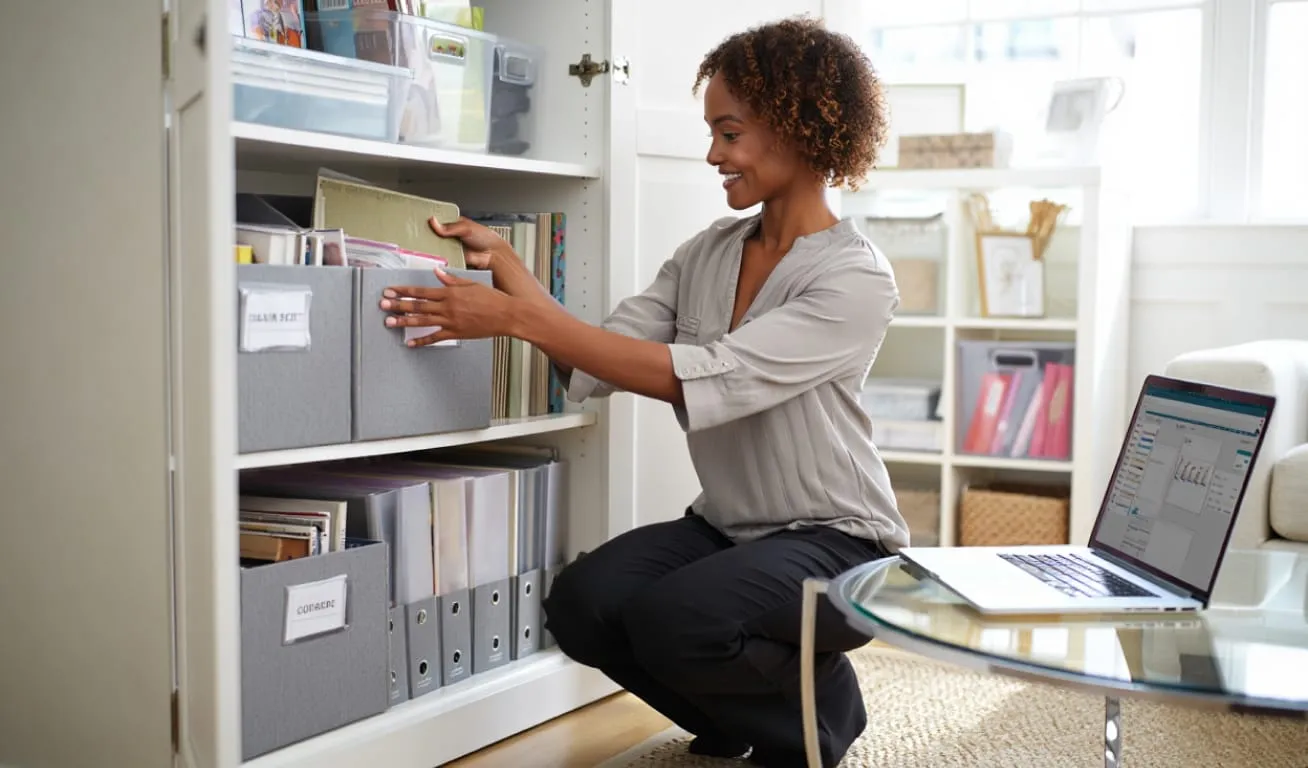 A professional declutterer sorting through a pile of items in a room.