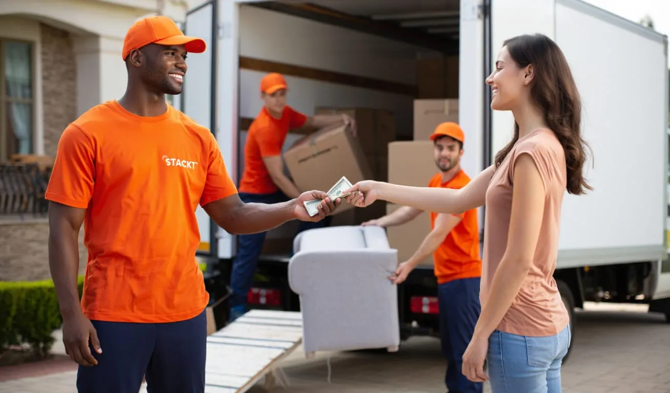 A woman hands cash to a STACKT mover in front of a truck, while other team members load boxes and furniture during a home move