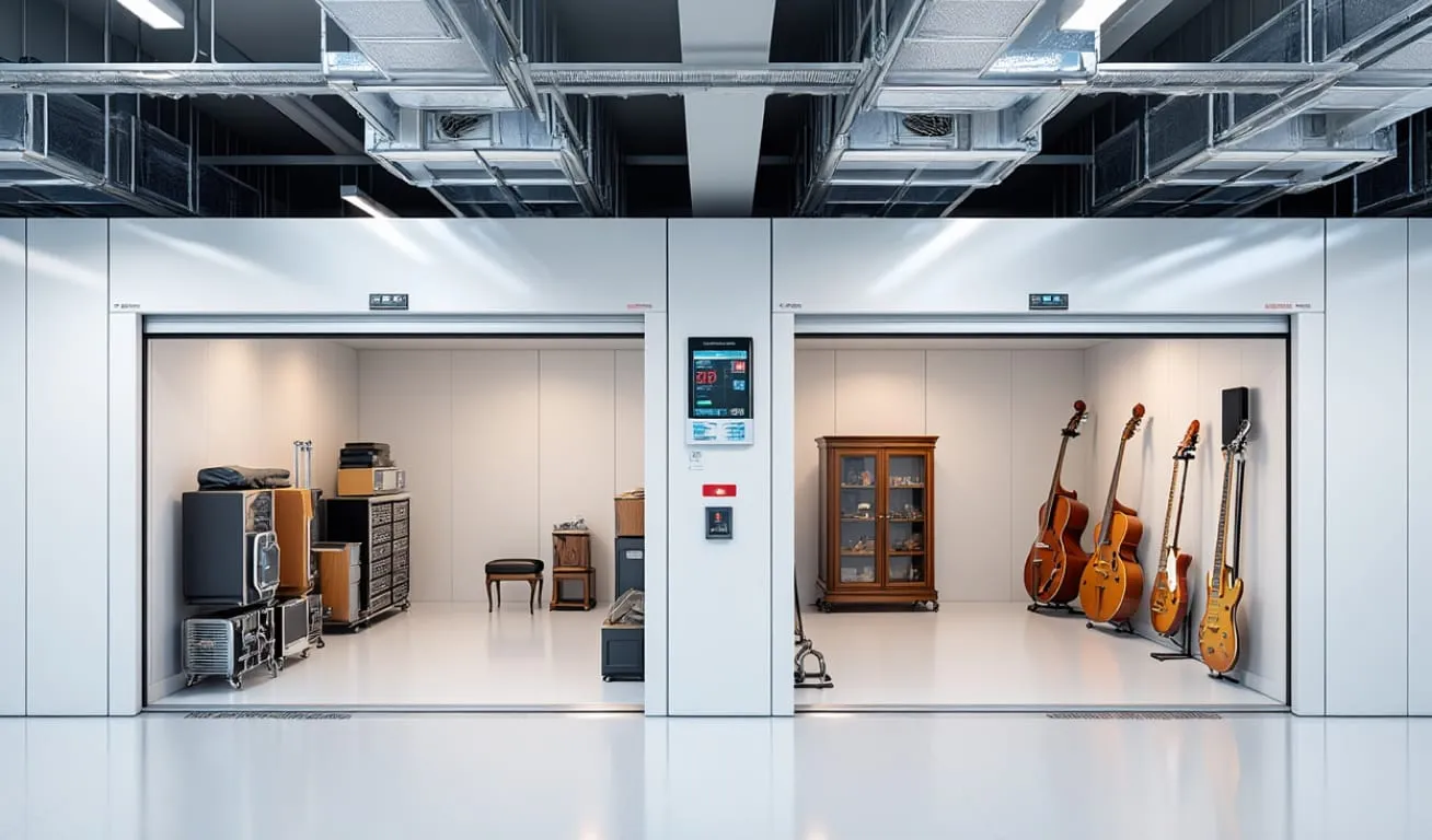 A modern climate-controlled storage facility with temperature monitoring displays and neatly organized storage units