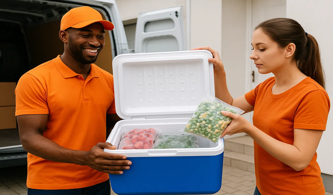 Two movers in orange uniforms organizing frozen food in a cooler outside a delivery van