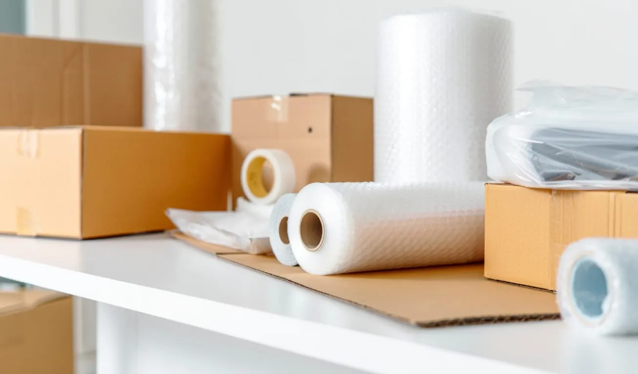 A stack of packing materials including boxes, bubble wrap, tape, and labels.