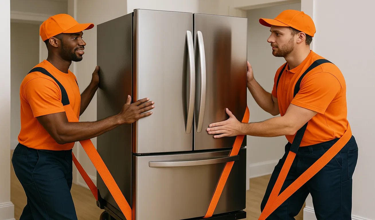 Two movers in orange uniforms using lifting straps to carry a stainless steel refrigerator through a hallway