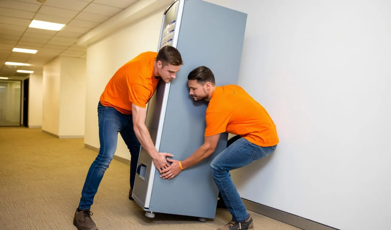 Two movers wearing orange shirts carefully lifting and moving a large appliance down an office hallway.